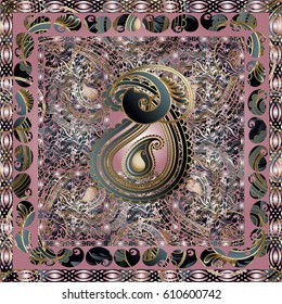Paisley pattern border background illustration with 3d flowers, leaves and floral ornaments. Vector surface texture with shadows and highlights for fabric, textile.