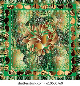 Paisley pattern border background illustration with 3d flowers, leaves and floral ornaments. Vector surface texture with shadows and highlights for fabric, textile.