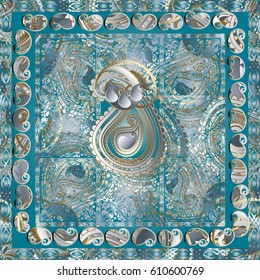 Paisley pattern border background illustration with 3d flowers, leaves and floral ornaments. Vector surface texture with shadows and highlights for fabric, textile.
