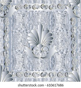 Paisley pattern border panel. White background illustration with 3d paisley flowers, leaves and floral ornaments. Vector surface 3d texture with shadows and highlights for fabric, textile.