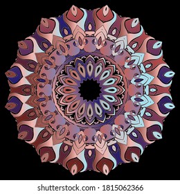 Paisley pattern. Colorful floral mandala. Ornamental vector background. Decorative intricate round ornament with paisley flowers, leaves, lines, shapes, frame. Folkloric ethnic style ornate design.