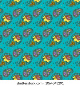 Paisley pattern. Colorful mehndi pattern in linear engraving style. Vector repeating pattern for cover, print and textile design. 