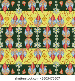 Paisley pattern Dark green background accented with yellow featuring blue and red patterns