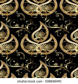 Paisley pattern. Floral black  vector seamless pattern background wallpaper illustration with vintage decorative gold 3d paisleys flowers leaves and ornaments.