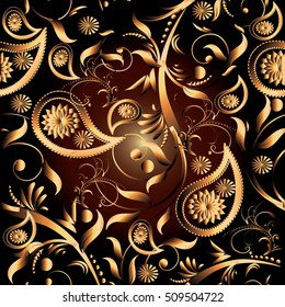 Paisley pattern. Floral vector seamless pattern background wallpaper illustration with vintage gold 3d paisleys flowers leaves and ornaments.