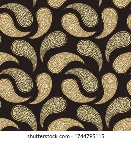 Paisley pattern, golden floral background, seamless flower and leaf ornament, vector illustration. Brown and beige abstract vintage Paisley pattern decoration, floral fabric art design background