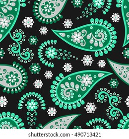 Paisley pattern. Indian cucumber. Oriental decorative ornament, green and black