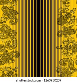 Paisley pattern with lines. Seamless floral pattern on yellow background. - vector