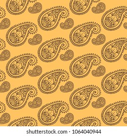 Paisley pattern. Monochrome mehndi pattern in linear engraving style. Vector repeating pattern for cover, print and textile design. Orange background with turkish pattern