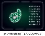 Paisley pattern neon light icon. Pine cone shape. Zoroastrianism religion. Symbol of life. Outer glowing effect. Sign with alphabet, numbers and symbols. Vector isolated RGB color illustration