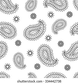 Paisley pattern on white background. Seamless vector illustration of old indian ornament. Some little flowers and stars among. 