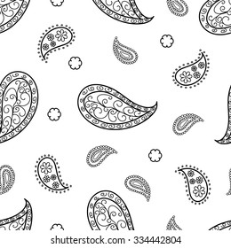 Paisley pattern on white background. Seamless vector illustration of old indian ornament. Little flowers among. 