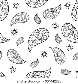 Paisley pattern on white background. Seamless vector illustration of old indian ornament. Little stars among. 