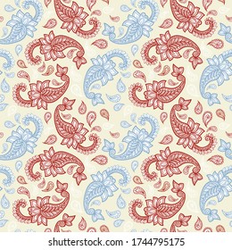 Patrón paisley sobre fondo amarillo, dorado sin fisuras, adorno floral rojo y blanco, diseño vectorial. Resumen de decoración de estilo Paisley vintage simple, colores pálidos pastel fondo de tela floral