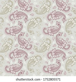 Paisley pattern on yellow background, seamless gold, red and white floral ornament, vector design. Abstract simple vintage Paisley pattern decoration, pastel pale colors floral fabric background