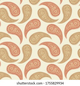 Paisley pattern on yellow background, seamless gold, red and white floral ornament, vector design. Abstract simple vintage Paisley pattern pastel colors floral fabric background