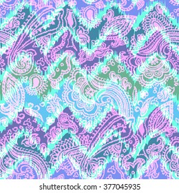 Paisley pattern on a zig zag ornament green color. Hand drawn painting ethnic background. translucent paisley elements on a geometric background.