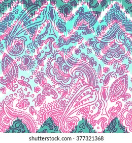 Paisley pattern on a zig zag ornamen coloful. Hand drawn painting ethnic background. translucent paisley elements on a geometric background.