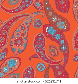 Paisley pattern orange and blue. Seamless vector ornament. Eastern traditional pattern of Turkish cucumber. A template for a print fabric, wrapping paper, textiles.