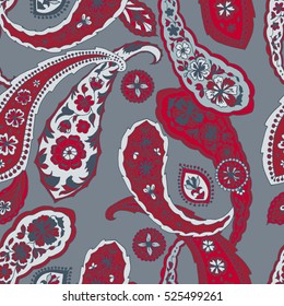 Paisley pattern red and gray. Seamless vector ornament. Eastern traditional pattern of Turkish cucumber. A template for a print fabric, wrapping paper, textiles.