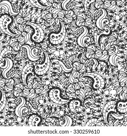 Paisley pattern. Paisley seamless pattern. Paisley flowers pattern. Hand drawn paisley. Henna mehndi pattern. Henna paisley pattern.  Coloring for adults. EPS 10 vector illustration.