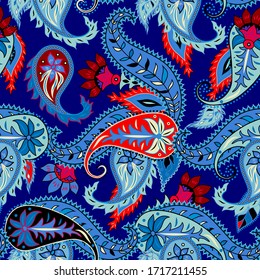 Paisley pattern. Seamless pattern in indian style on navy blue background. Vector image.