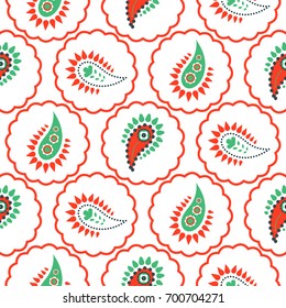 Paisley pattern seamless vector. Green and red circles asian folk floral texture for textile, fabric print and clothes.