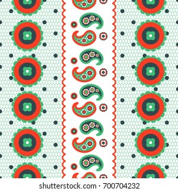 Paisley pattern seamless vector. Red dotted and green lace indian folk floral texture for textile, fabric print and clothes.