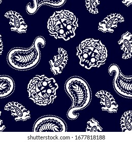 Paisley pattern with skulls. Floral elements on dark background. Template for scarves, dresses, cards, gift wrappings.