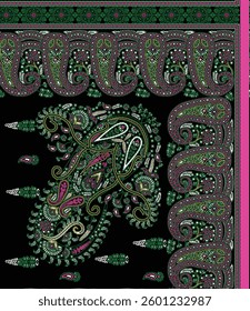 Paisley pattern textile design with black background, for textile, wallpaper, gift wrapping.