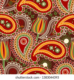 Paisley-Muster und Tulpenblumen auf rotem und gelbem Hintergrund