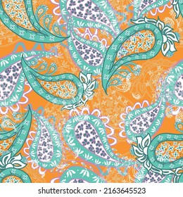 Paisley pattern with turquoise and orange colors. Special for summer textile fabrics. ready to color and repeat. All over and vector pattern