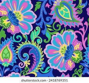 Paisley pattern, vintage, jacobean style. Seamless pattern with stylized ornamental flowers on dark background. Vector illustration. beautiful design pattern for textiles and decoration