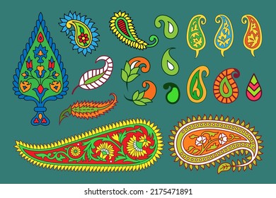 Colección de patrones paisley. Patrones florales tradicionales indios con paisley, boteh, buta. Conjunto de elementos decorativos de plantas asiáticas