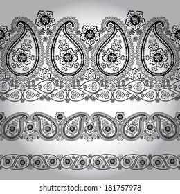 Paisley pattern,Seamless border lace.Turkish cucumbers. Oriental motif. Fabrics, Wallpaper, background.Black silhouette set,openwork. Vector illustration.Retro style,vintage.