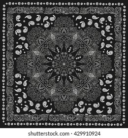 Paisley and peacock. Bandana print with design for silk neck scarf.Traditional ethnic ornament. Black and white vector image.