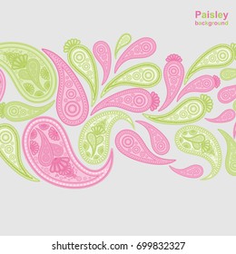 Fundo de vetor rosa e verde Paisley, padrão de design floral abstrato, ornamento de arte indiana.
