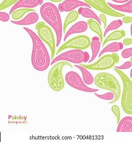 Paisley pink and green vector background,  floral abstract design pattern, indian art ornament.