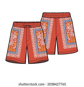 PAISLEY PRINT BERMUDA GYM SHORTS DESIGNED FOR MEN AND BOYS BEACH WEAR CASUAL WEAR AND LOUNGE WEAR IN VECTOR ILLUSTRATION