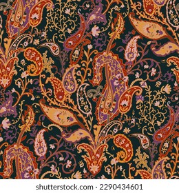 Paisley print with blossom and blooming foliage, leaves and flourishing botany design. Ornament and motif for textile or fabric. Seamless pattern, background print or wallpaper. Vector in flat style