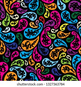 Paisley print, a colorful seamless pattern on the black background. Minimalistic dotted design. Vector drawing repeat pattern of teardrop-shaped motifs. Endless wallpaper style ornamental design.