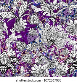 Paisley print hand drawn elements. Home decor. Seamless pattern with fantasy flowers, natural wallpaper, floral decoration curl illustration.