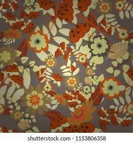 Paisley print hand drawn elements. Home decor. Seamless pattern with fantasy flowers, natural wallpaper, brown, red and gray floral decoration curl illustration.