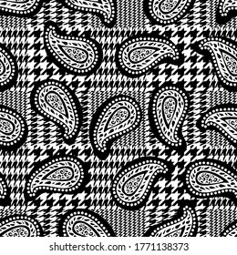 Paisley print on hounds tooth background. Checkered pattern with floral motifs. Template for scarves, dresses, shirts and home decorations.