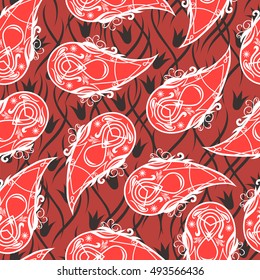 Paisley red abstract seamless pattern. Vector illustration.