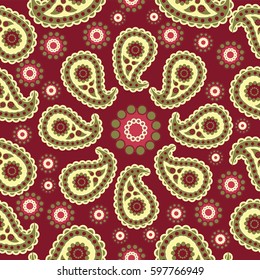 Paisley. Red-brown background. Seamless pattern. Traditional folk pattern with Paisley. Bright, colorful. Design for textiles, wall hangings, wrapping paper.