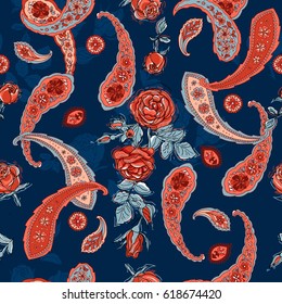 Paisley and roses on a dark blue background. Seamless floral vector pattern. Template for printing onto fabric, wrapping paper, textiles.  Limited palette