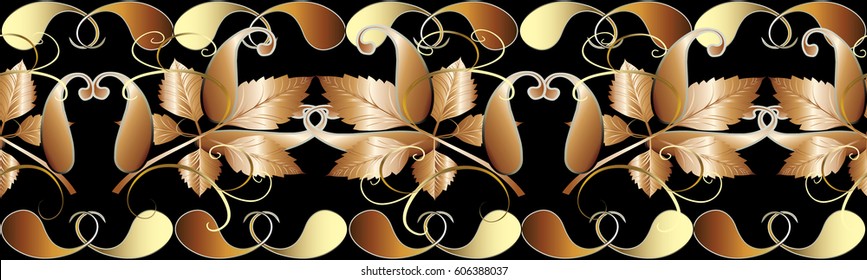 Paisley seamless border pattern. Floral  abstract vector beige  background wallpaper illustration with vintage gold 3d paisley flowers and antique oriental  ornaments.Vector border texture for fabric.