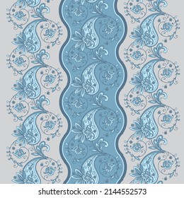 Paisley seamless borders. Stripes with blue paisley floral motifs. Decorative ornament background for fabric, textile, wrapping paper.