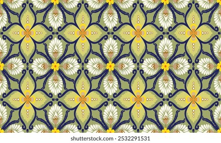 Paisley seamless, Floral, Intricate Moroccan tile pattern with geometric shapes and vibrant hues of green, white, blue, and yellow.